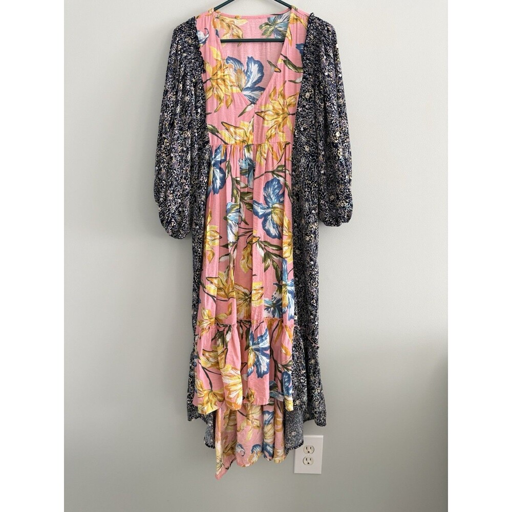 GiGio Dress Hi Low Pink Yellow Blue Floral V Neck 3/4 Sleeves Medium Boho *FLAW